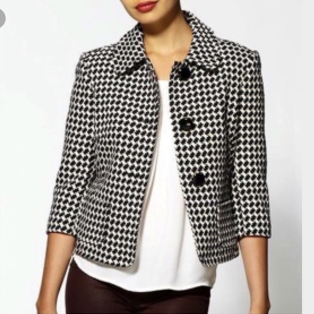 Trina Turk Classic Houndstooth Blazer Jacket, Black & White, Cotton - Womens 2